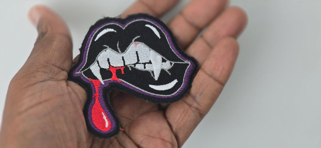 Vampire Lips Patch | Fangs and Blood Drop Embroidered Patch, Available in Several Colors