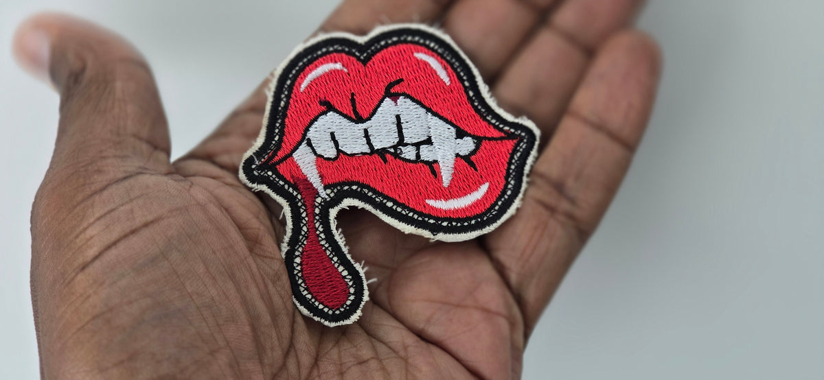Vampire Lips Patch | Fangs and Blood Drop Embroidered Patch, Available in Several Colors