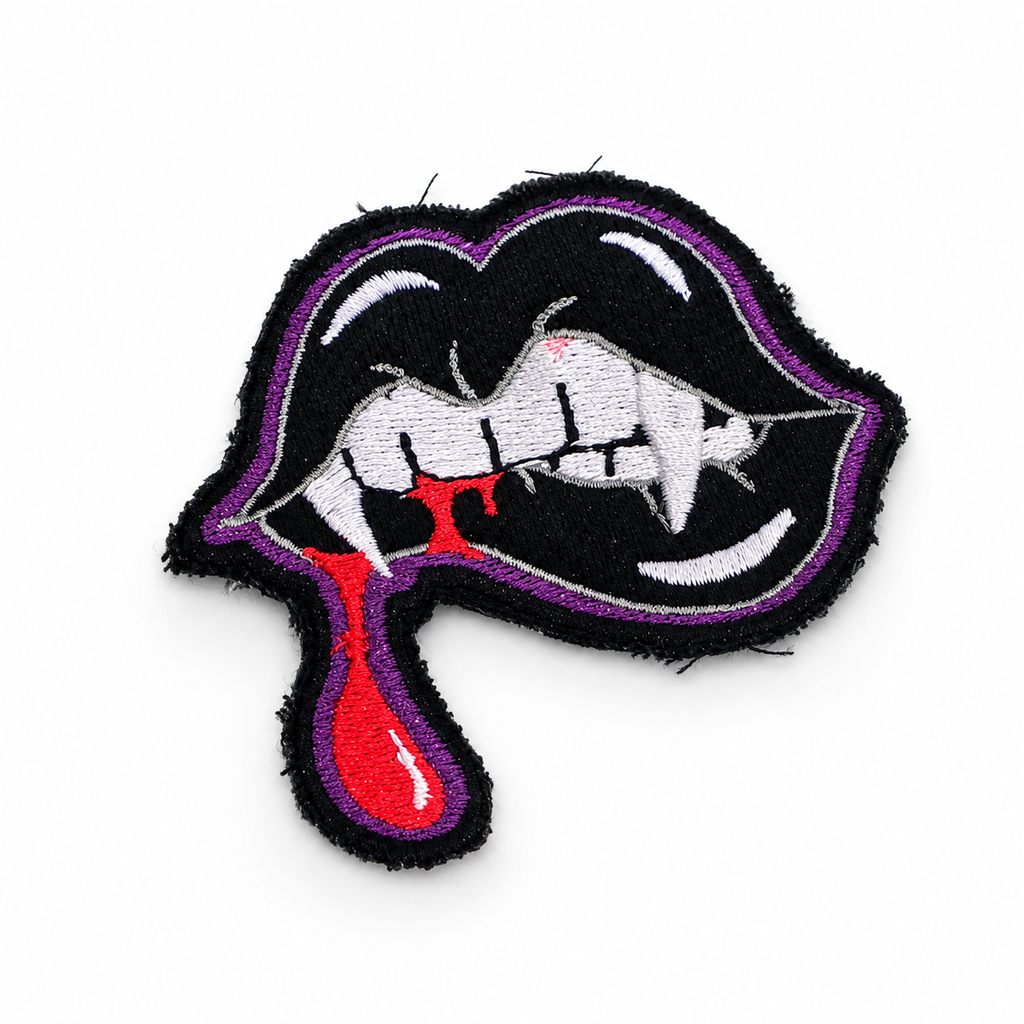 Vampire Lips Patch | Fangs and Blood Drop Embroidered Patch, Available in Several Colors