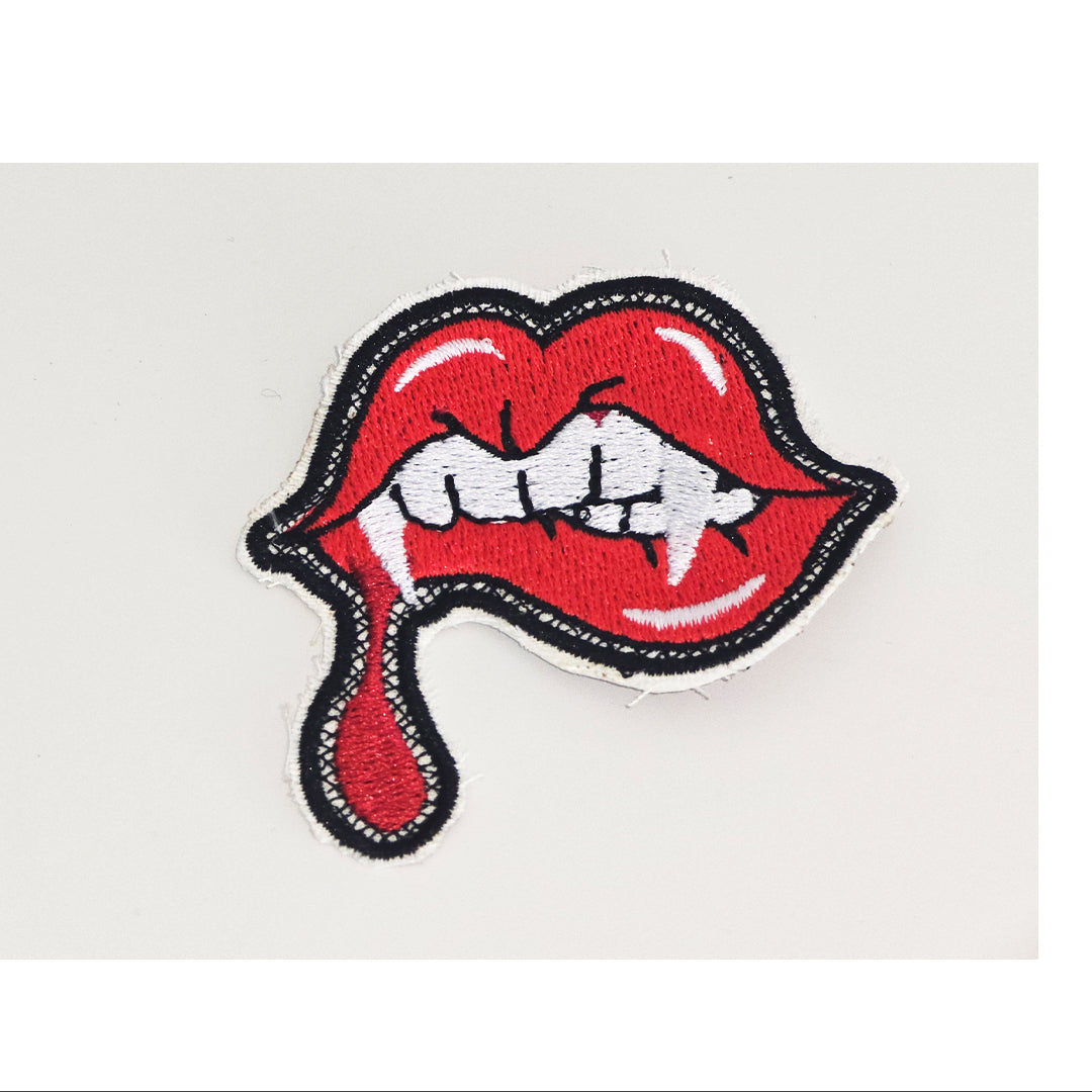 Vampire Lips Patch | Fangs and Blood Drop Embroidered Patch, Available in Several Colors