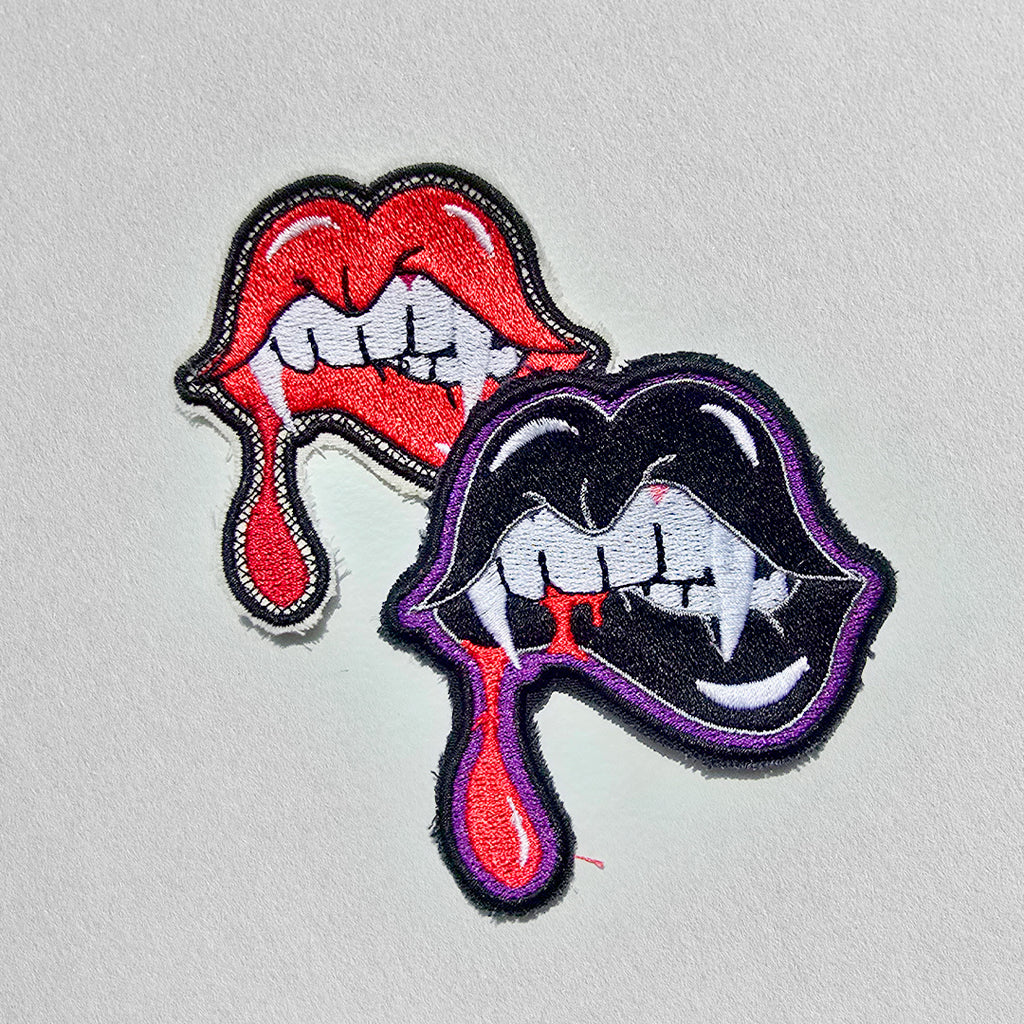 Vampire Lips Patch | Fangs and Blood Drop Embroidered Patch, Available in Several Colors
